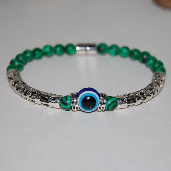 Evil Eye Bracelet,Green Bracelet,6mm Beads and Long  Tube Charm,Hamsa Bracelet - Picture 2 of 3